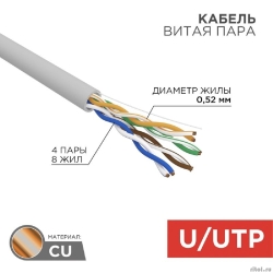 Rexant (02-0004) ������ ����� ����, U/UTP, CAT 5e, ZH ��(�)-HF, 4�2�0,52��, 24AWG, INDOOR, SOLID, �����, 305� PRO  [��������: 1 ���]